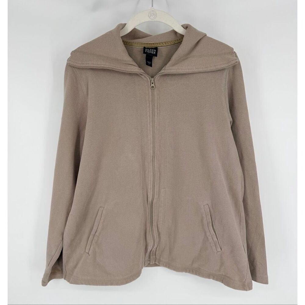 Eileen Fisher Organic Cotton Zip Jacket Funnel Neck Minimalist Beige Women L
